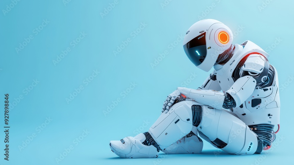A futuristic robot sits contemplatively in a minimalist blue environment, showcasing advanced technology and design. A futuristic robot sits contemplatively in a minimalist blue environment, showcasing advanced technology and design.