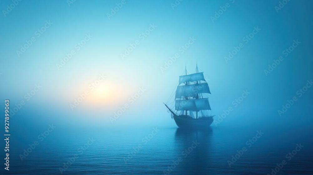 Obraz premium A small sailboat sails through a tranquil sea shrouded in mist.