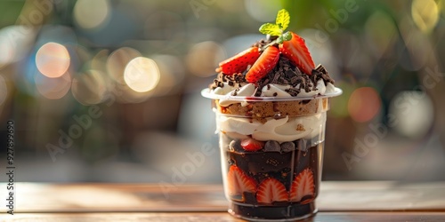 Product photography of pot cake in a 350ml plastic cup with layers of chocolate cake batter strawberries and dark chocolate brigadeiro topped with a simple whipped cream decoration and boke photo