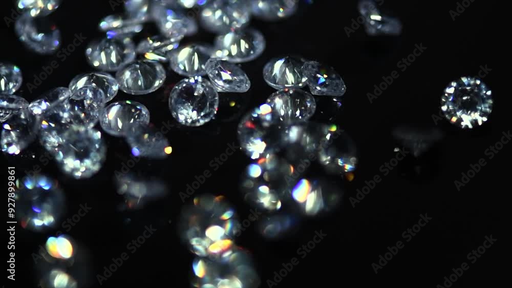 Diamonds rotating over black background, crystals, beautiful brilliants sparkling with colorful caustics, rainbow lights. Moissanite. Zirconia. Slow motion Diamonds rotating over black background, crystals, beautiful brilliants sparkling with colorful caustics, rainbow lights. Moissanite. Zirconia. Slow motion