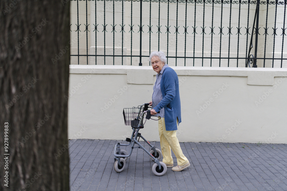 Beautiful elderly woman walking on city street with rollator, going shopping to the store. Beautiful elderly woman walking on city street with rollator, going shopping to the store.