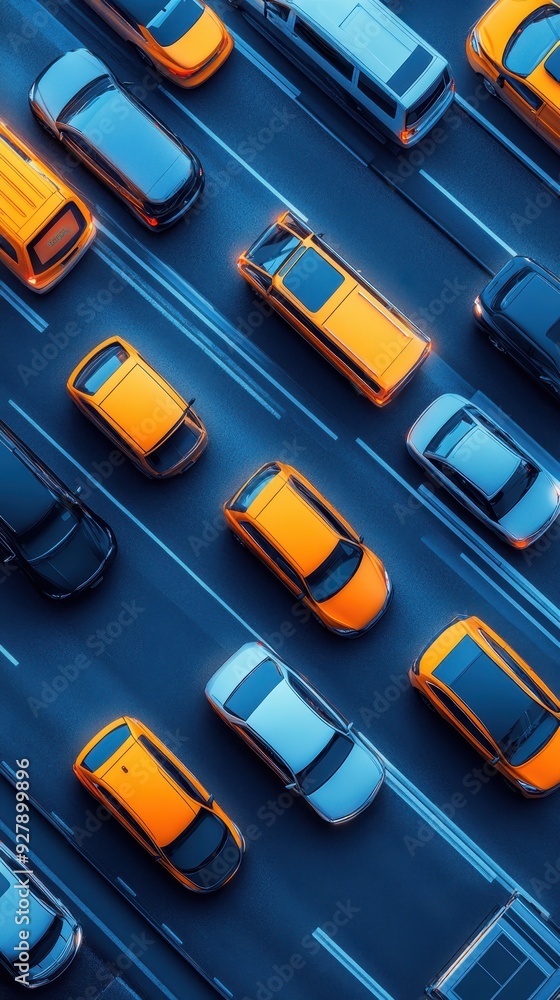 Aerial view of dense city traffic illuminated at night, showcasing vibrant orange and silver vehicles on busy lanes. Aerial view of dense city traffic illuminated at night, showcasing vibrant orange and silver vehicles on busy lanes.