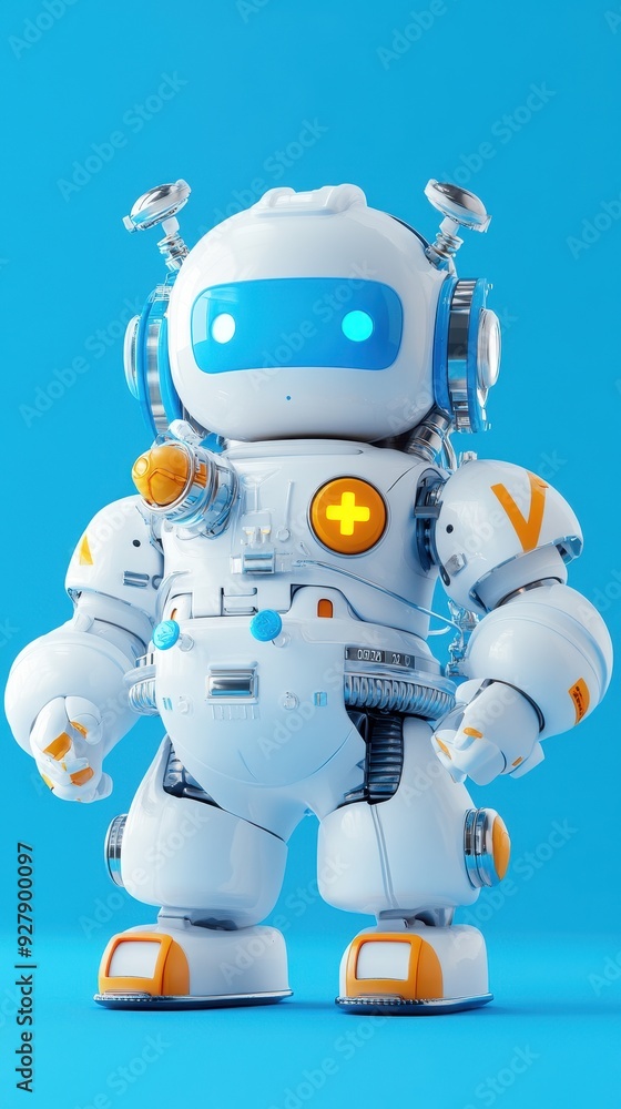 Fototapeta premium Cute robot with futuristic design and vibrant colors, set against a bright blue background, ideal for tech and innovation themes.