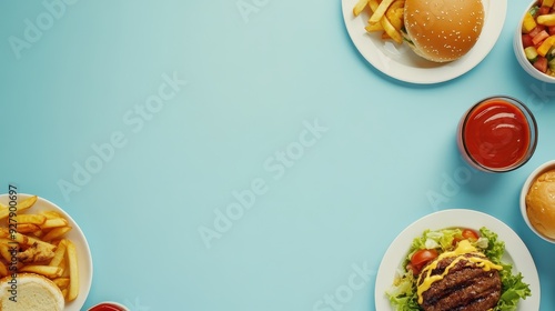 Wallpaper Mural Modern fast food background with copy space, featuring a variety of fast food dishes in a clean, minimalist design. Torontodigital.ca