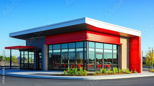 Modern fast food building with copy space, featuring large windows and an inviting entrance.