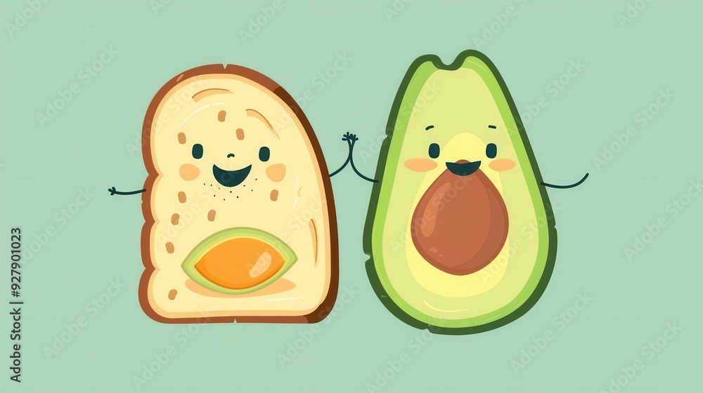 Cute cartoon character of avocado and toast bread slice Cute cartoon character of avocado and toast bread slice