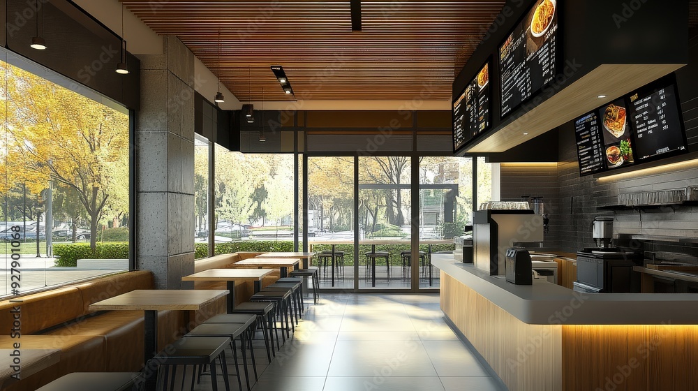 Modern fast food restaurant with copy space, showcasing an updated and clean architectural design. Modern fast food restaurant with copy space, showcasing an updated and clean architectural design.