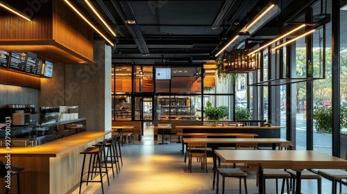 Modern fast food restaurant with copy space, showcasing an updated and clean architectural design.