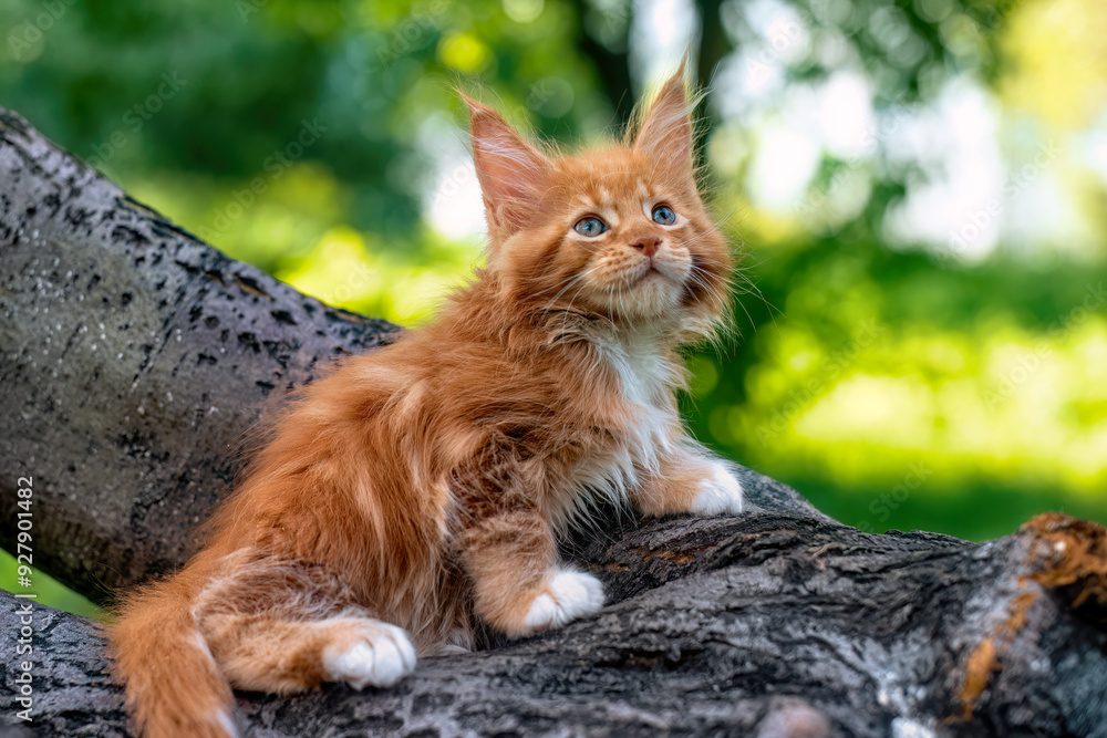 A very beautiful Maine kitten sitting on the tree in nature. A very beautiful Maine kitten sitting on the tree in nature.