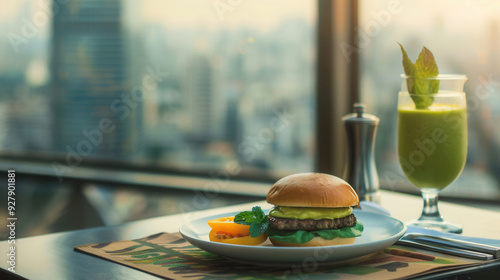 A glass of fresh avocado fruit juice smoothie with hamberger in office with city skyscrapers photo