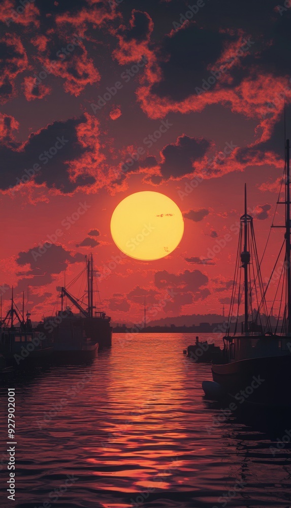 Fototapeta premium Sunset Magic on the anime-style Wharf: Enchanted Dusk at the Harbor Dock for Nautical Tourism and Fisheries Promotion,Anime-Style,illustration,Picture BooksFor Poster,Novel,UI,WEB,Game,Design,Abstract