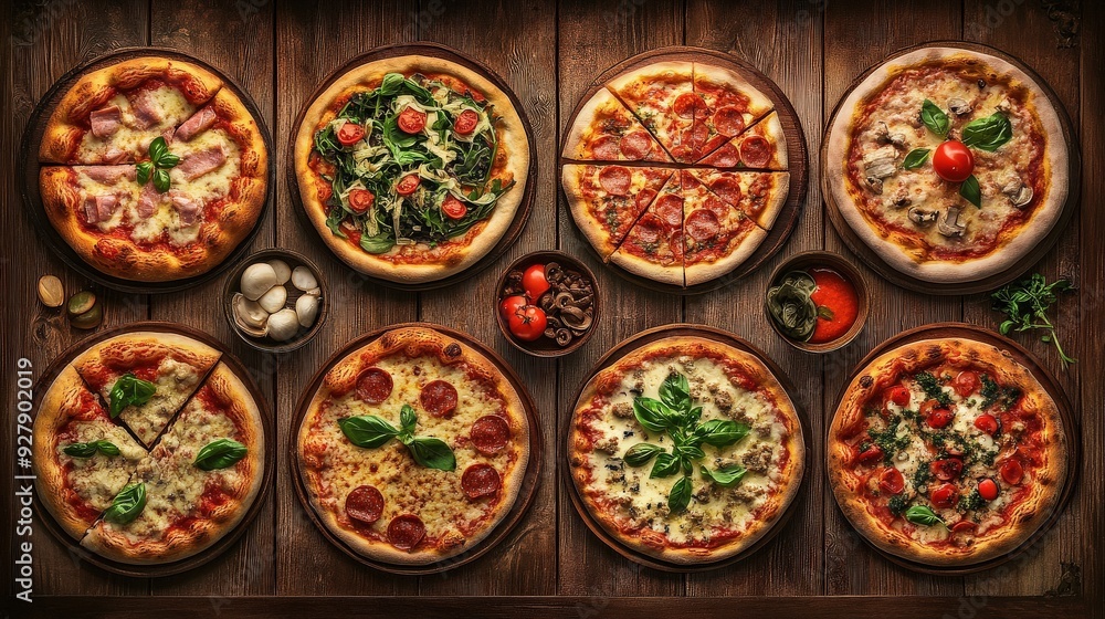 Pizza menu with a variety of pizza images, including classic and gourmet options, set against a rustic, Italian-themed background. Pizza menu with a variety of pizza images, including classic and gourmet options, set against a rustic, Italian-themed background.
