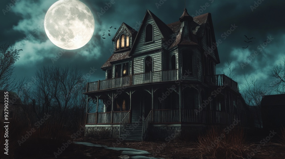 Haunted House at Night With Full Moon Haunted House at Night With Full Moon