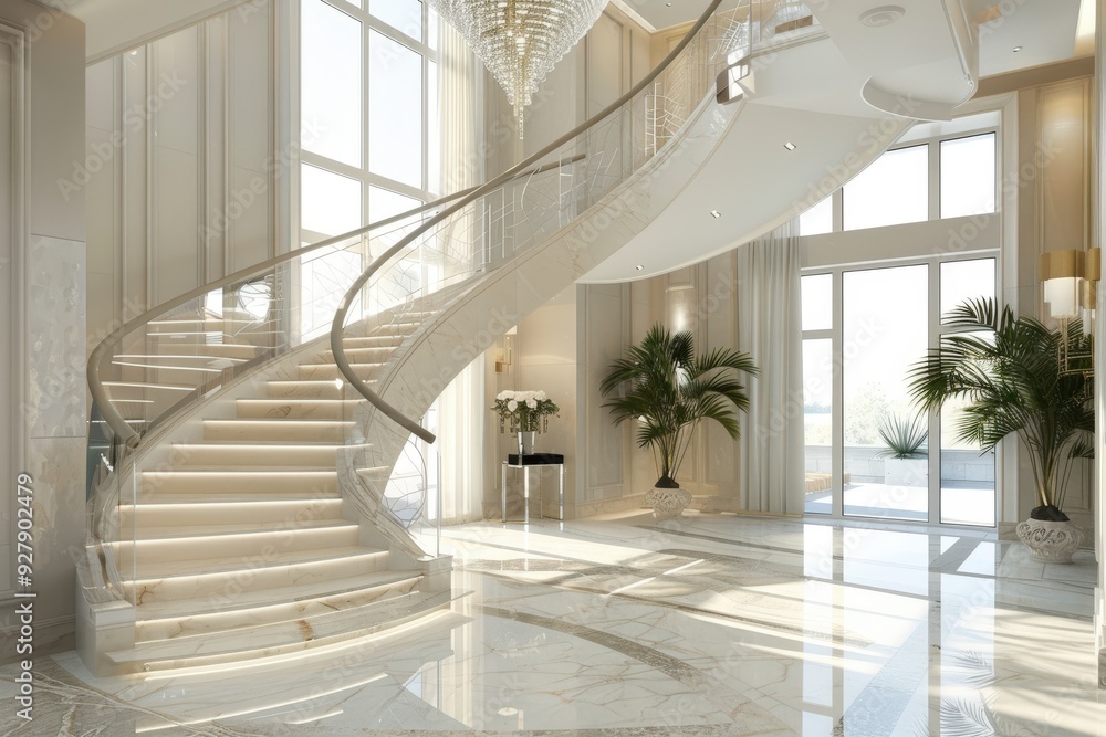 Obraz premium A large, white staircase leads to a large, open room with a white marble floor