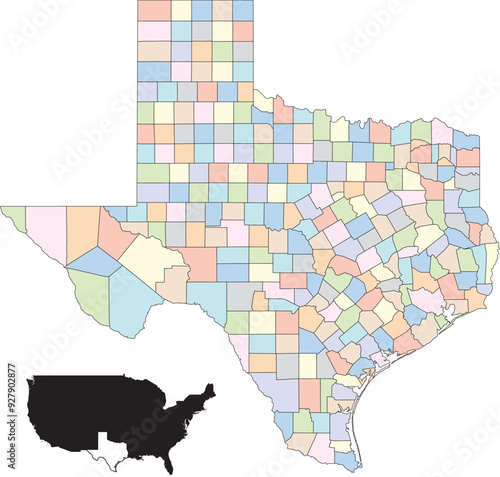 Colorful vector map of Texas, highlighting the state's different counties