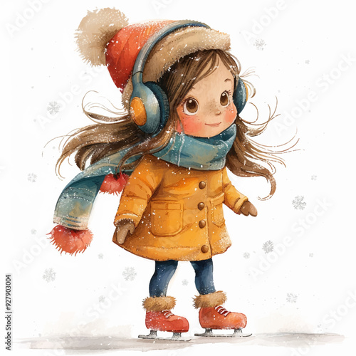 A cute girl is dressed in winter clothes on a white background. a child in a hat and scarf and headphones. poster on a white background. vector