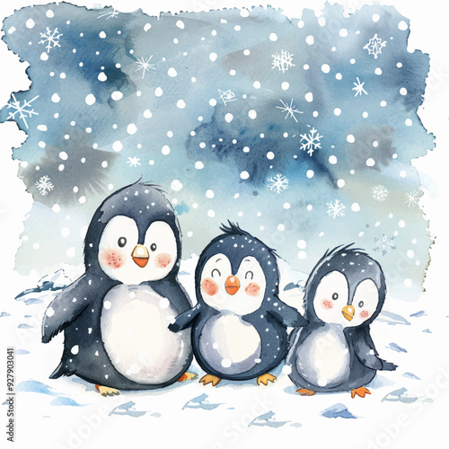 Vector illustration three funny penguins in the snow for winter Christmas card, sticker, postcard and print