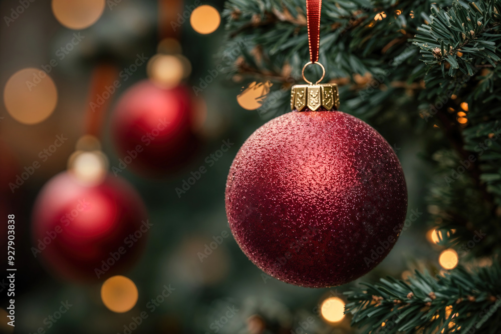 A red ornament hangs from a Christmas tree. The tree is decorated with lights. A red ornament hangs from a Christmas tree. The tree is decorated with lights.