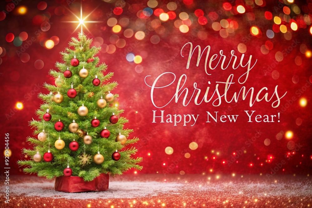 Christmas background with xmas tree and sparkle bokeh lights on red canvas background. Merry christmas card. Winter holiday theme. Christmas background with xmas tree and sparkle bokeh lights on red canvas background. Merry christmas card. Winter holiday theme.