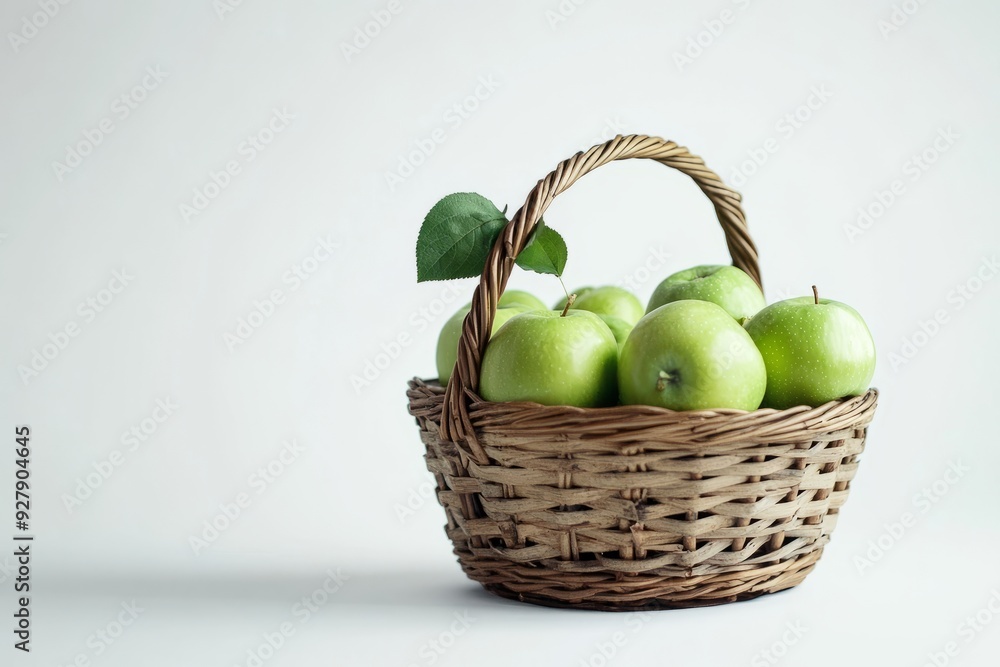 A wicker basket filled with fresh green apples against a white background A wicker basket filled with fresh green apples against a white background
