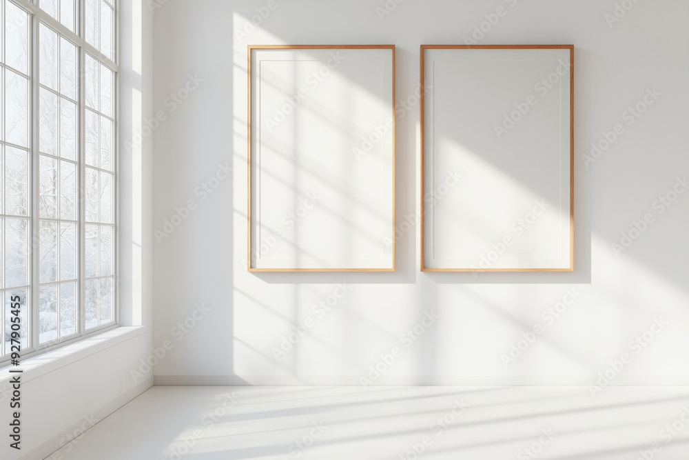Fototapeta premium Wooden mock up poster frames on the wall