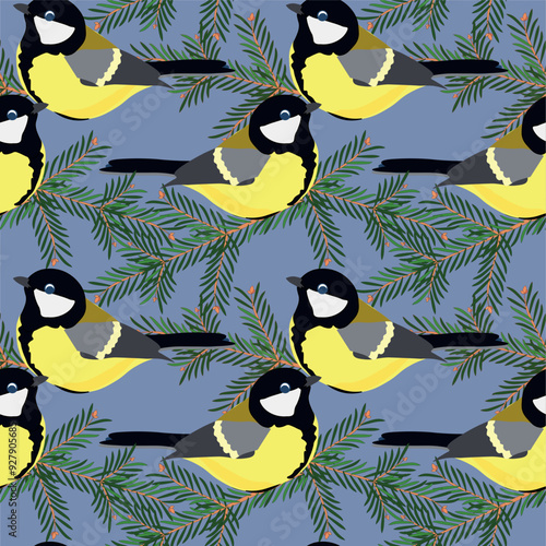 Great tit on fir branch seamless pattern on blue stock vector illustration for web, for print, for fabric print, for wallpaper.