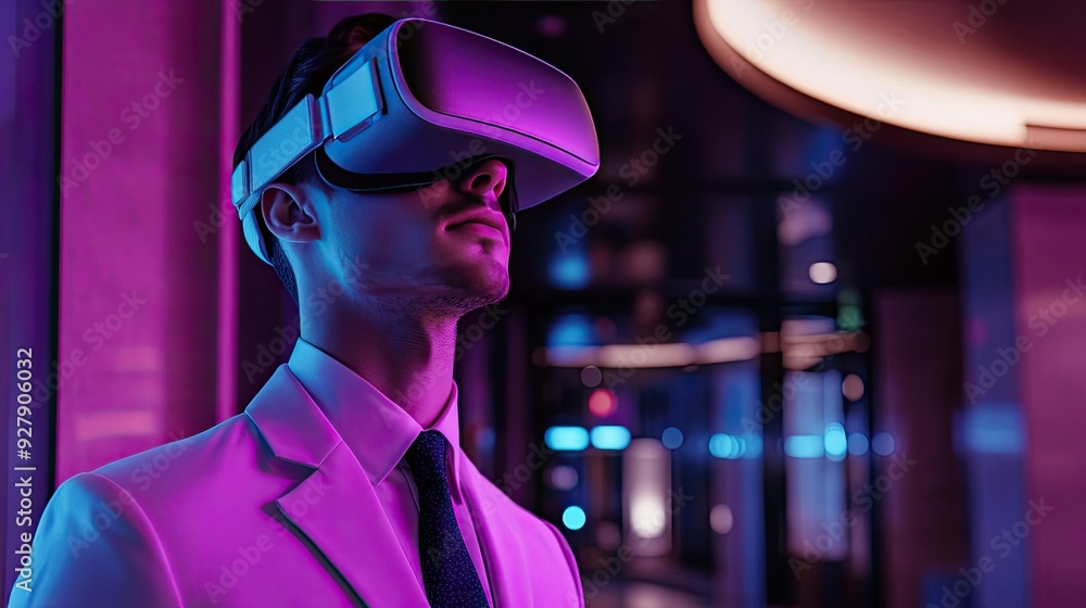 Man in Suit Wearing VR Headset in Neon Light Man in Suit Wearing VR Headset in Neon Light