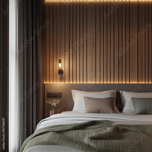 Wallpaper Mural Minimalist Bedroom with Wooden Wall and Green Blanket Torontodigital.ca