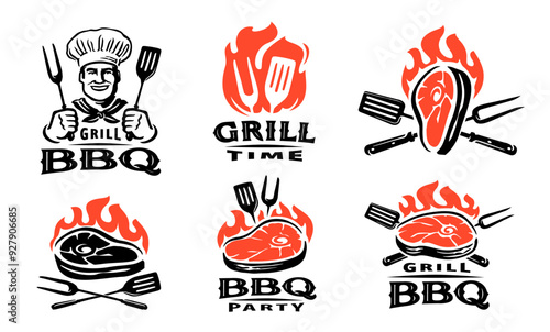 Barbecue grill labels, badges and design elements for restaurant menu. Bbq food emblem set vector