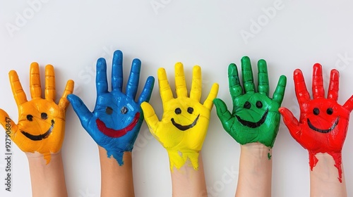 Brightly colored children's hands, preschool drawings, palm emojis, showing fun creativity and colorful display of primary education on a white background.