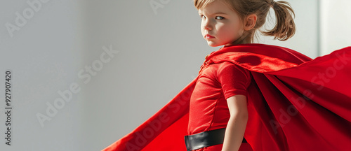 Adorned in a red superhero costume, a young girl exudes a sense of invincibility and limitless potential. Copy space. photo