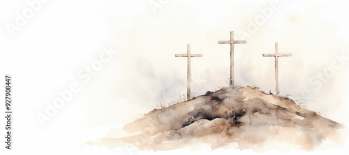 Easter Scene with Three Crosses Brush Painted Watercolor Illustration