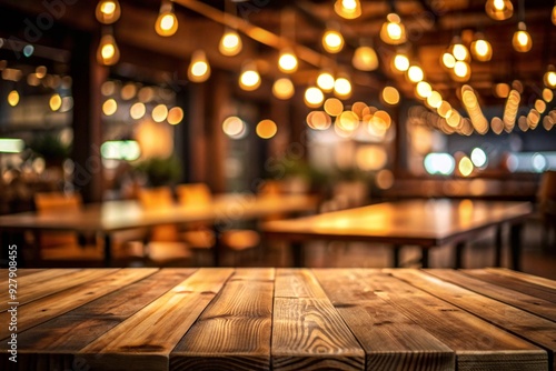 Empty wood table top on blur light gold bokeh of cafe restaurant in dark background