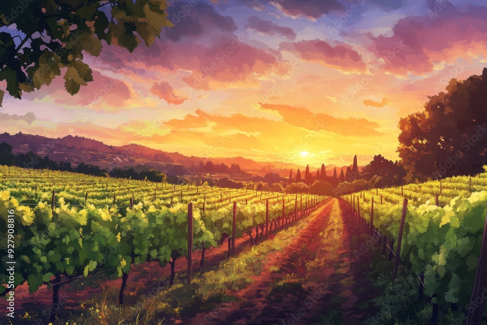 Fototapeta premium Sunset Enchantment in an anime-style Vineyard: A Tranquil Vineyard Landscape for Tasting Events, Vineyard Promotion, and Creative Marketing,Anime-Style,illustration,Picture BooksFor Poster,Novel,UI,WE