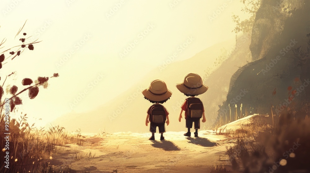 Two cartoon brothers strolling along a dusty path Two cartoon brothers strolling along a dusty path