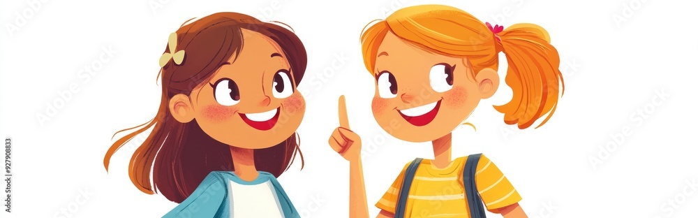 Two cheerful cartoon girls with bright smiles playfully pointing a finger Lovely and vibrant young characters Two cheerful cartoon girls with bright smiles playfully pointing a finger Lovely and vibrant young characters