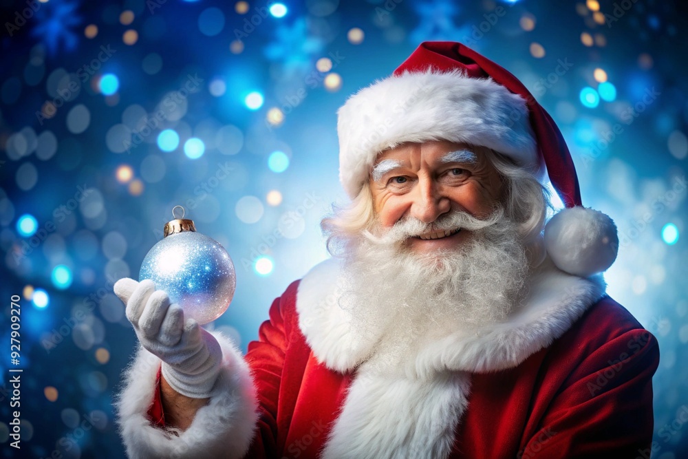 Happy Santa Claus holding glowing christmas ball over defocused background with copy space Happy Santa Claus holding glowing christmas ball over defocused background with copy space