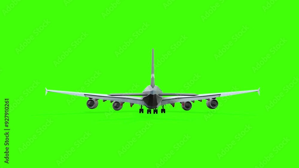 3D Flying airplane in motion rendering on the green screen background, a Jet Plane flying on chroma key, and a Commercial aircraft taking off at the airport. Air traffic concept. 3d animation