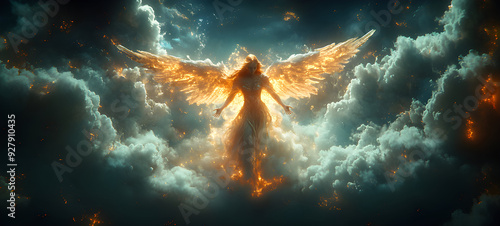 Angel mythology, abstract oil painting of a beautiful, mighty flying angel spreading arms and wings. Dramatic mythology vibe background, clouds and sunrays, representing good and evil.