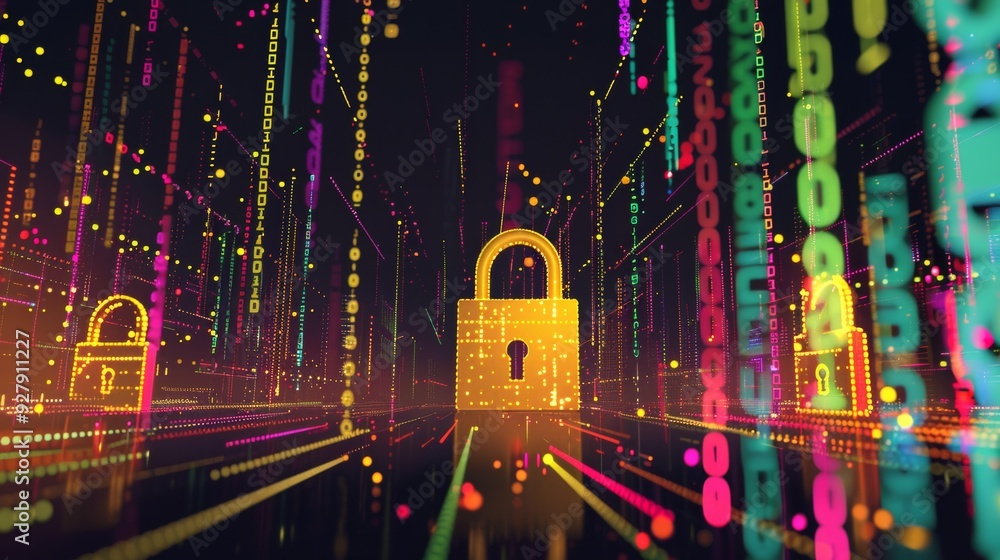 Security technology is represented by a digital golden padlock surrounded by vibrant code lines and binary numerals. Security technology is represented by a digital golden padlock surrounded by vibrant code lines and binary numerals.