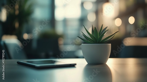 Minimalist Workspace with Plant and Tablet