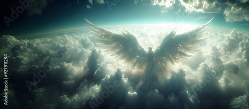 Angel mythology, abstract oil painting of a beautiful, mighty flying angel spreading arms and wings. Dramatic mythology vibe background, clouds and sunrays, representing good and evil.