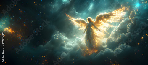 Angel mythology, abstract oil painting of a beautiful, mighty flying angel spreading arms and wings. Dramatic mythology vibe background, clouds and sunrays, representing good and evil.