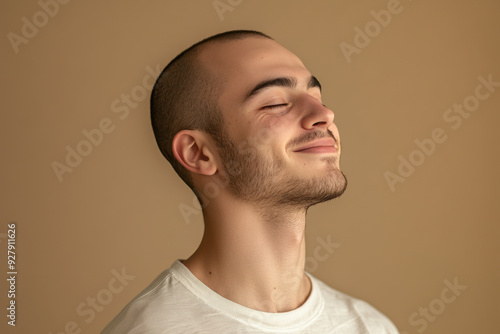 A close up of a man's face with her eyes closed