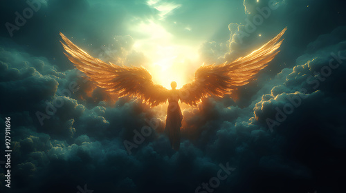 Angel mythology, abstract oil painting of a beautiful, mighty flying angel spreading arms and wings. Dramatic mythology vibe background, clouds and sunrays, representing good and evil.