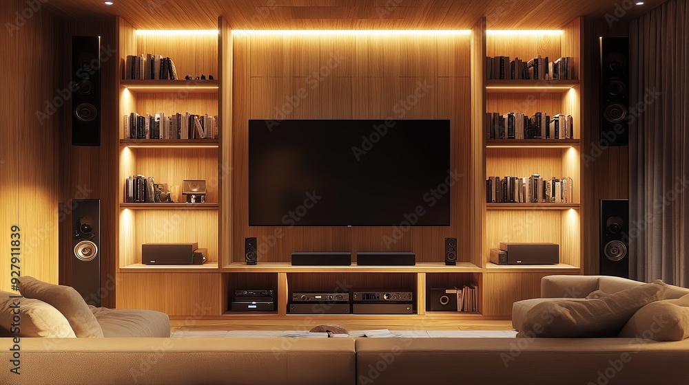 Minimalist Lounge Design: A Serene Viewing Area Perfect for Sports Posters, Featuring a Flat-Screen TV, Cozy Lighting, and Stylish Wooden Shelving for Books & Audio Equipment Minimalist Lounge Design: A Serene Viewing Area Perfect for Sports Posters, Featuring a Flat-Screen TV, Cozy Lighting, and Stylish Wooden Shelving for Books & Audio Equipment