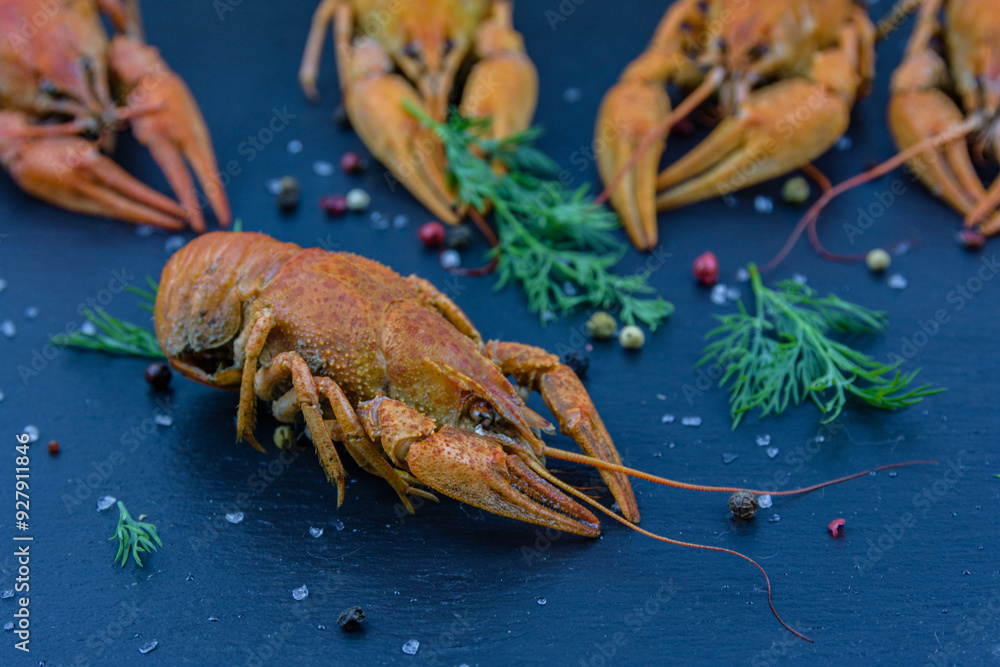 Slate board with the boiled crayfishes and spices