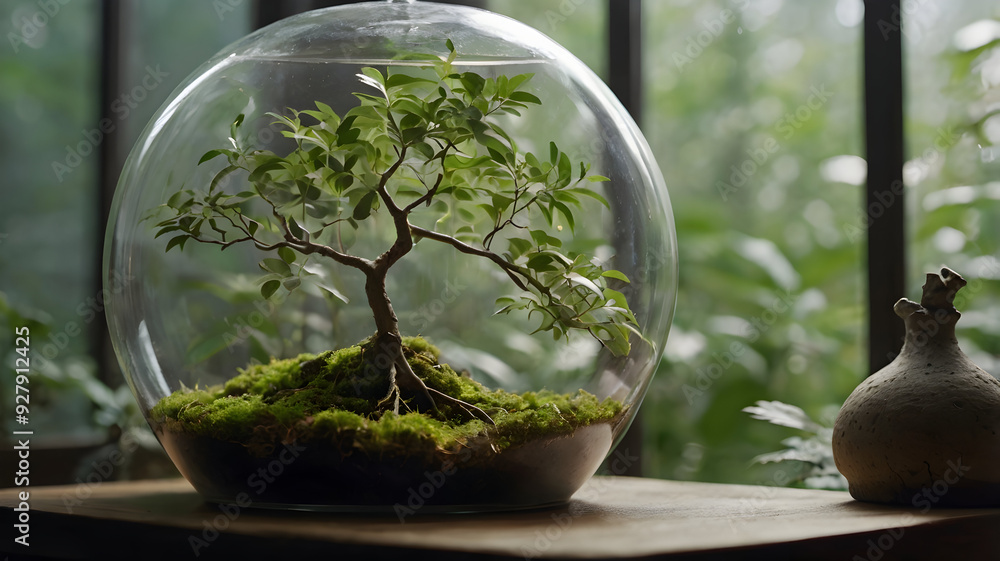 a small tree model in a glass terrarium, HD Hyper Resolution a small tree model in a glass terrarium, HD Hyper Resolution