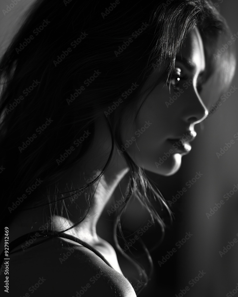 Black and white profile of a woman with soft lighting and gentle shadows Black and white profile of a woman with soft lighting and gentle shadows