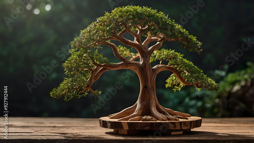 A detailed shot of a small, intricately designed tree model made of wood, standing on a rustic table, hd highly details image 